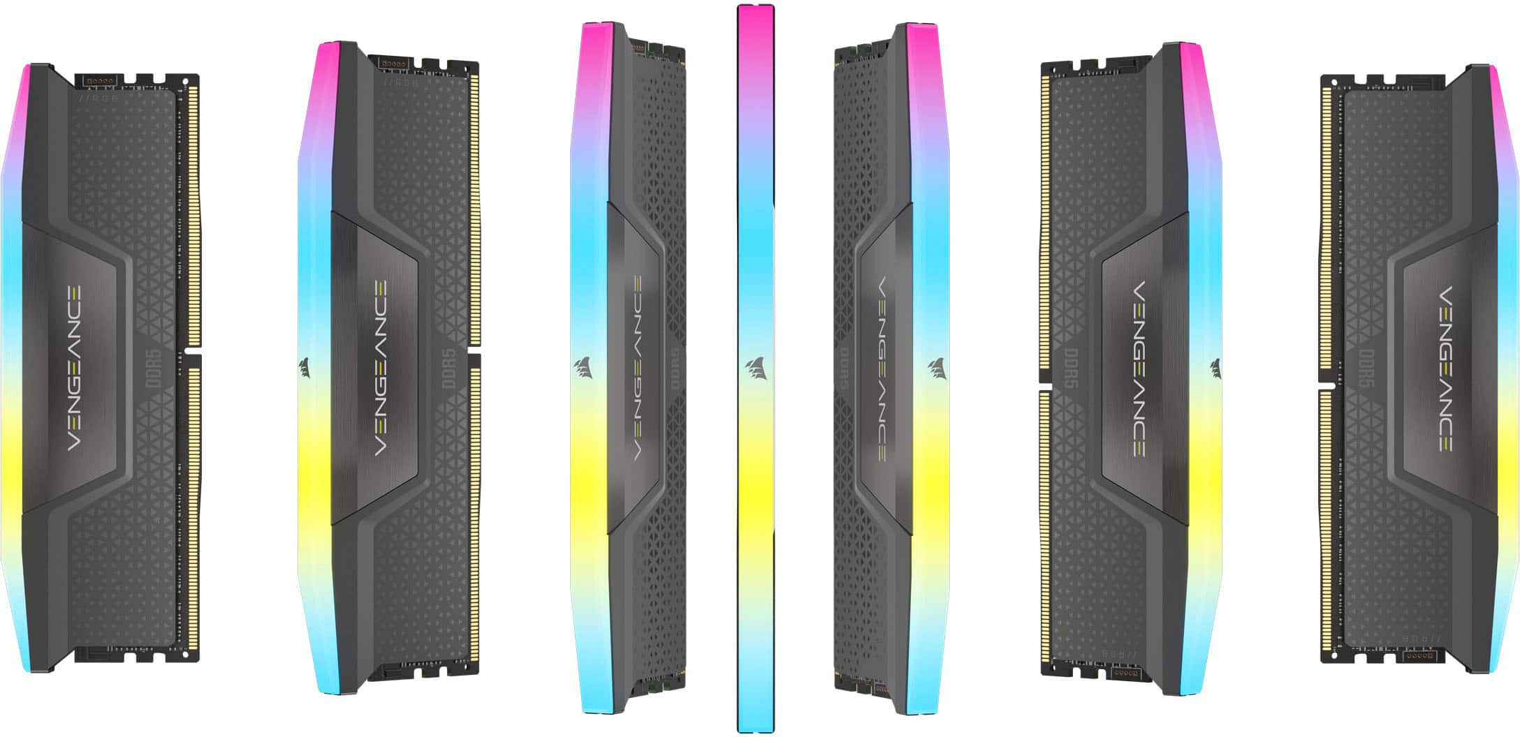 The image features a row of six memory sticks, each with a different color. The largest text in the image reads "VENGEANCE DDR5." The other text in the image is "IONVIONEA DDR5 CONVENIENCE."