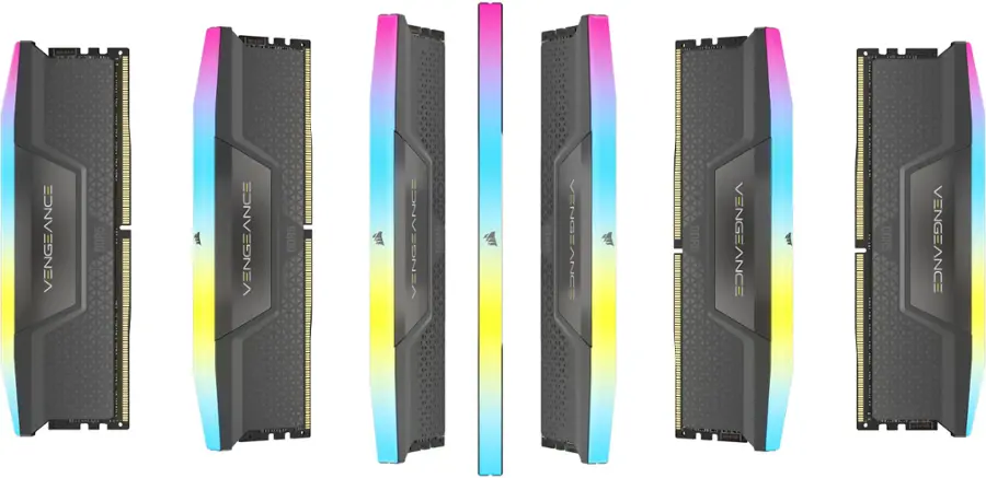 The image features a row of six memory sticks, each with a different color. The largest text in the image reads "VENGEANCE DDR5." The other text in the image is "IONVIONEA DDR5 CONVENIENCE."