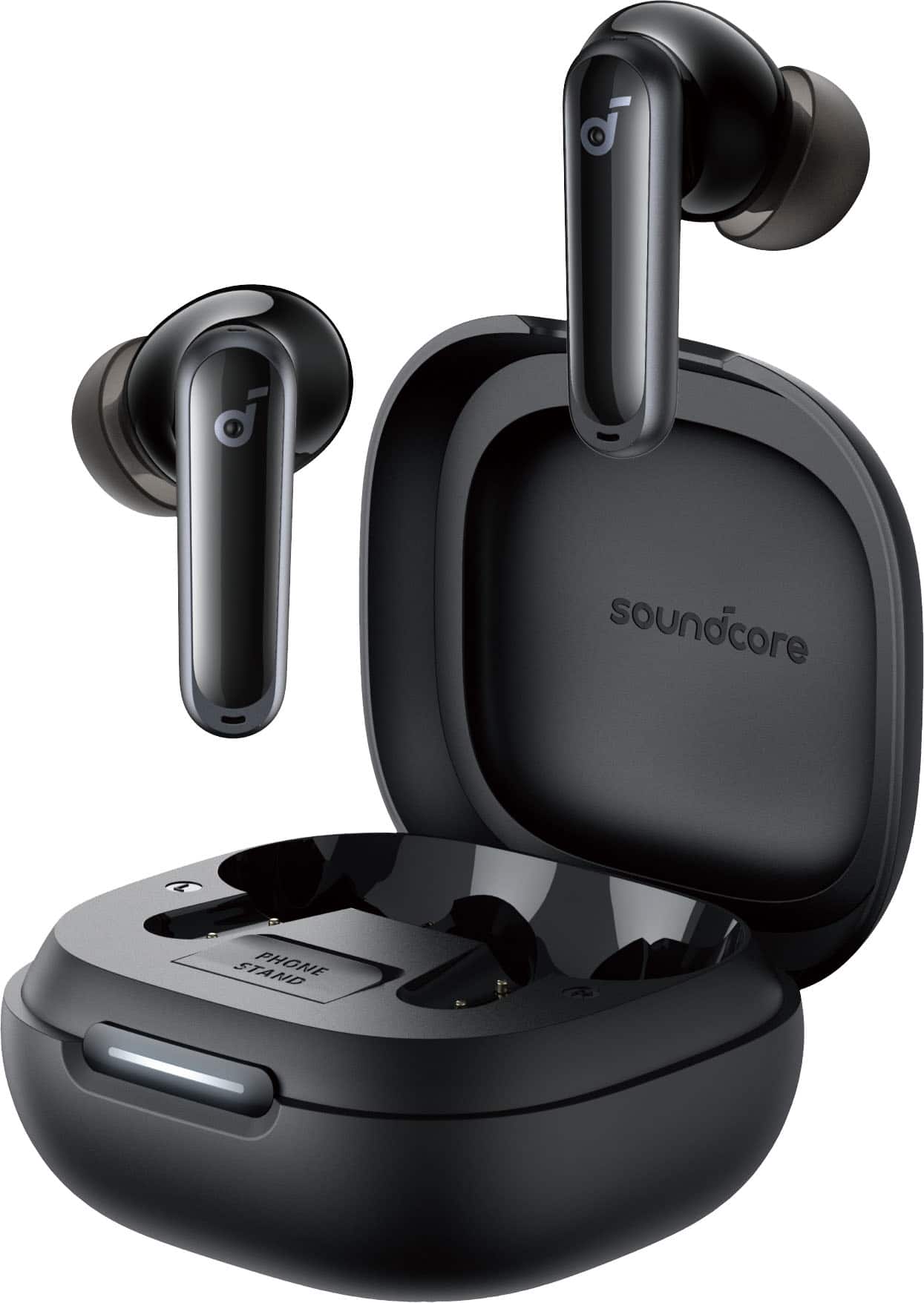The image features a black Soundcore headset with a case that holds the earbuds. The headset is designed to be compact and portable, making it a convenient choice for those who want to listen to music or make calls on the go. The earbuds are placed inside the case, which also has a compartment for storing the headset when not in use. The headset is compatible with various devices, such as smartphones and tablets, and offers a comfortable and secure fit for the user.