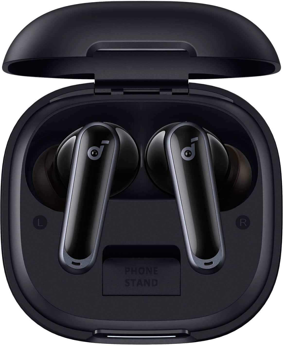 The image features a pair of black earbuds in a black case. The earbuds are designed for use with a smartphone, and they are placed in a stand that allows the phone to be propped up while the earbuds are in use. The stand is designed to keep the phone stable and easily accessible, making it a convenient solution for users who want to listen to music or make calls without holding their phone.