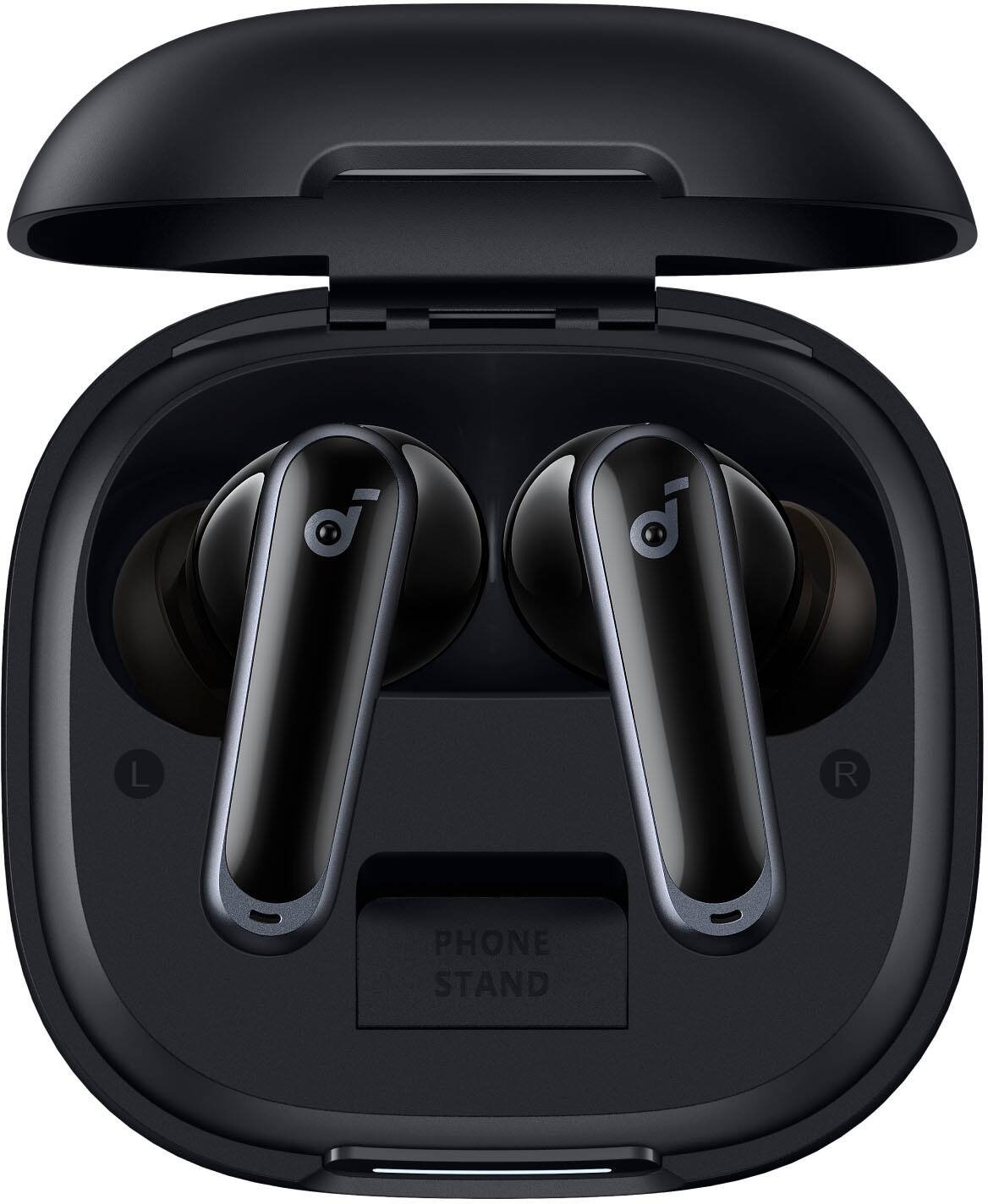 The image features a pair of black earbuds in a black case. The earbuds are designed for use with a smartphone, and they are placed in a stand that allows the phone to be propped up while the earbuds are in use. The stand is designed to keep the phone stable and easily accessible, making it a convenient solution for users who want to listen to music or make calls without holding their phone.