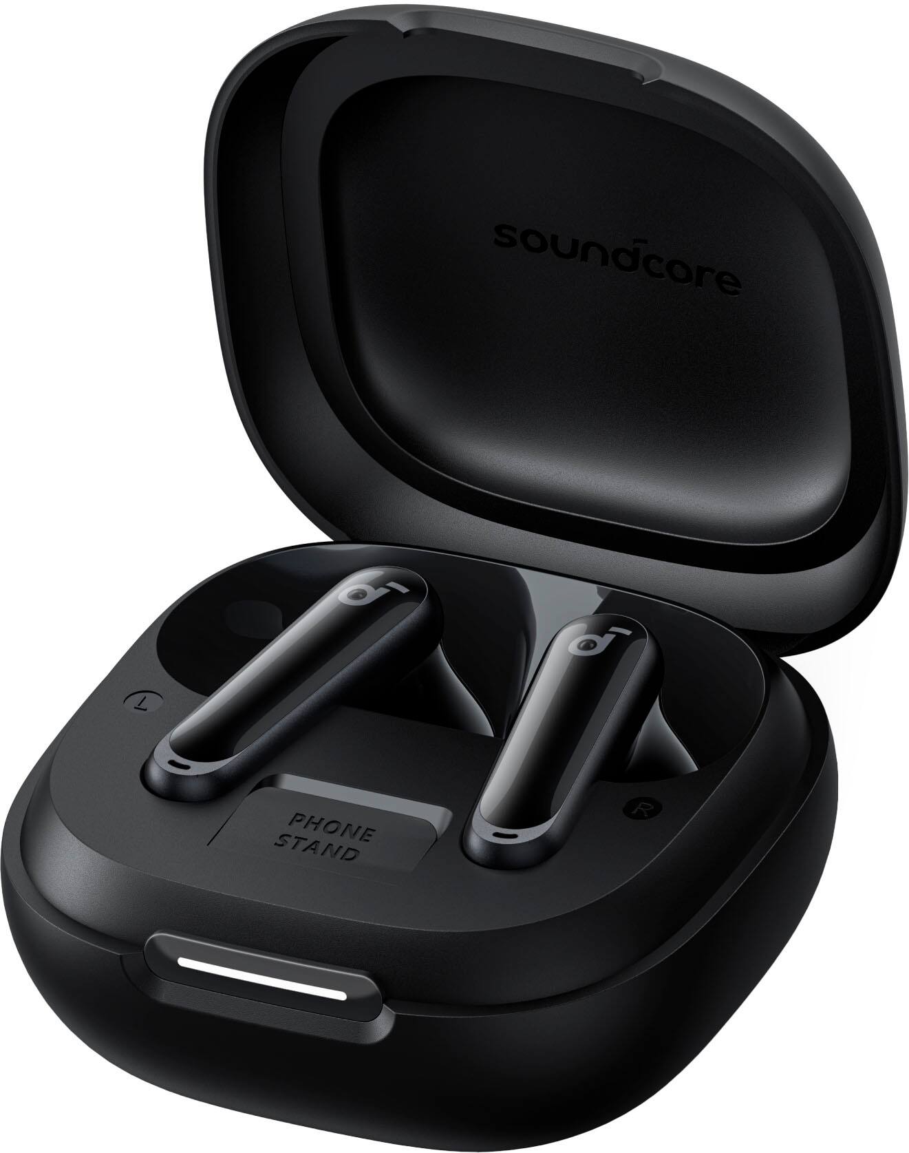 The image features a black Soundcore headset, which is a type of headphones and headsets. The headset is placed inside a black case, which is open and ready for use. The headset is designed to be used with a smartphone, as it is specifically designed for phone use.