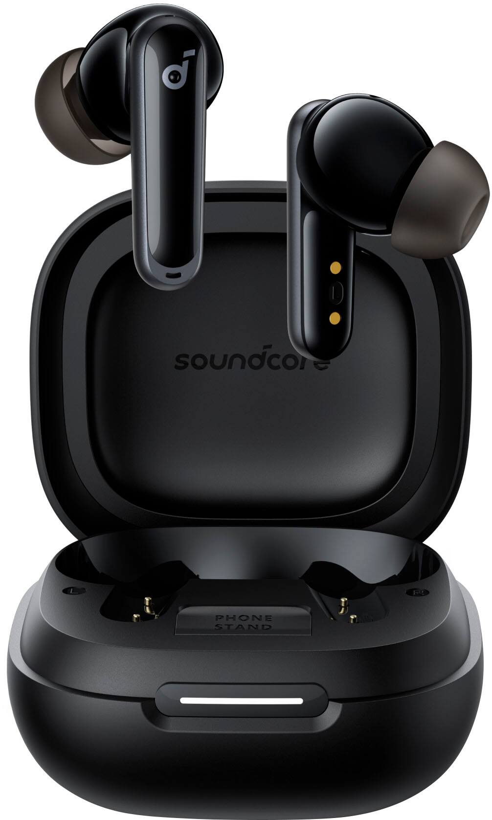 The image features a black Soundcore headset with a case and a USB cable. The headset is designed for use with a smartphone and has a compact design. The case is used to store the headset when not in use. The USB cable is likely used for charging or connecting the headset to a computer or other device.