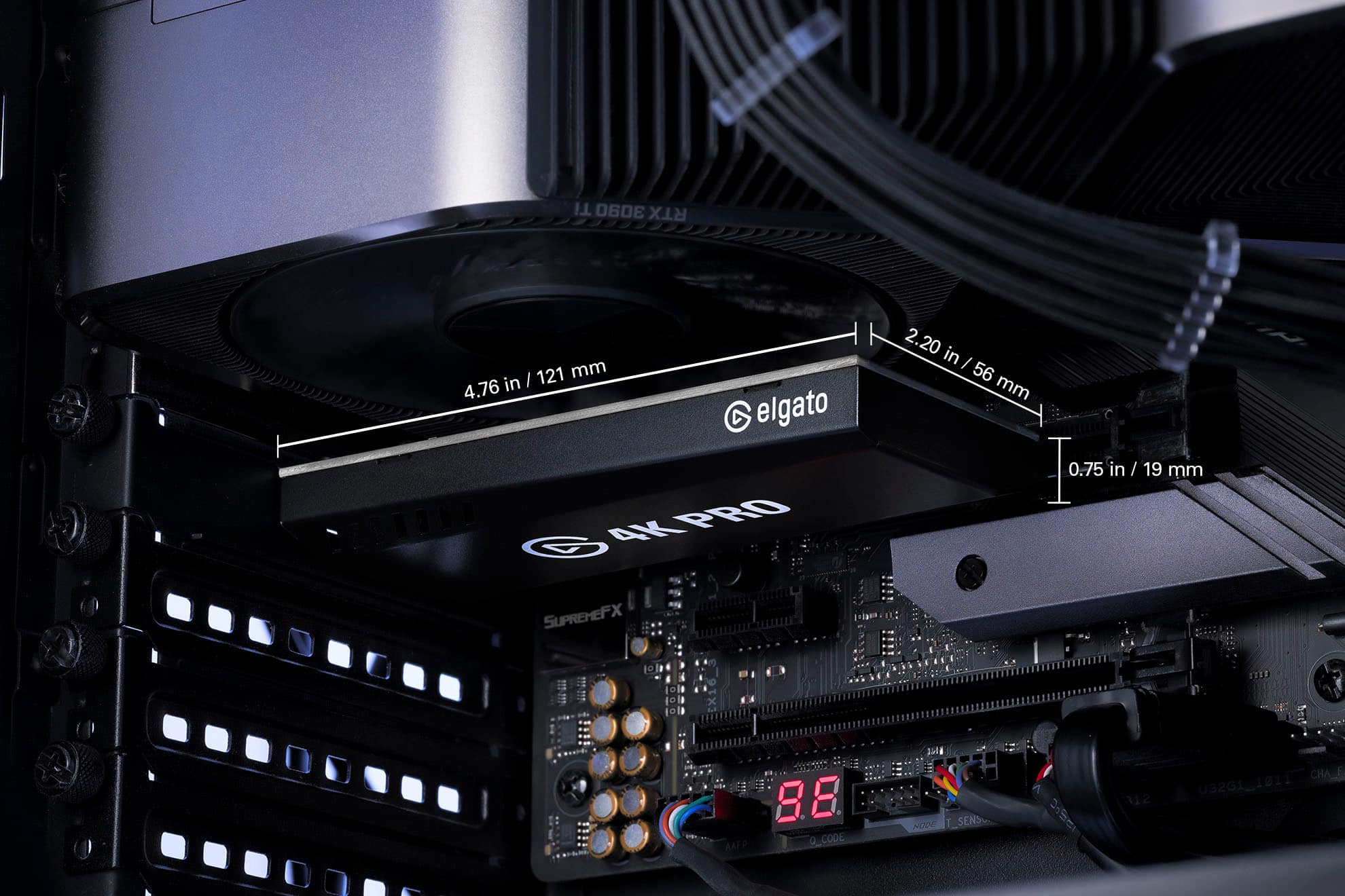 The largest text in the image reads "Elgato." The following text has been cleaned up:
"TI 360 mm in I 4.76 4 elgato AK PRO 2.20 in I 56 mm I 0.75 in / 19 in / 19 mm SUPREMEFX STAE 8.8. AAFP Q_CODE u HOSW SENS 2 112 CHA 5 TIai-Iseu 1811."