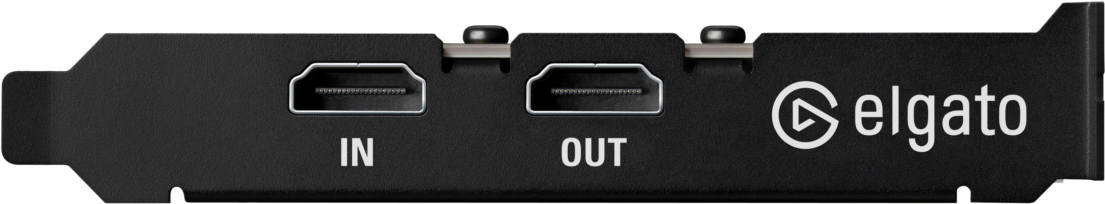 The largest text in the image reads "elgato." The image also features a black and white background with a small device that has a USB port and a switch labeled "IN" and "OUT."