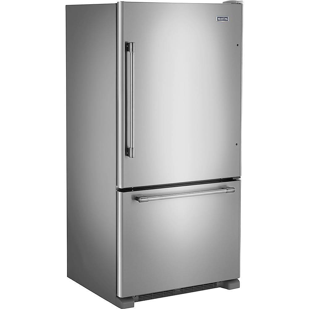 Angle View: Maytag - 22 Cu. Ft. Bottom-Freezer Refrigerator with Humidity-Controlled FreshLock Crispers - Stainless Steel