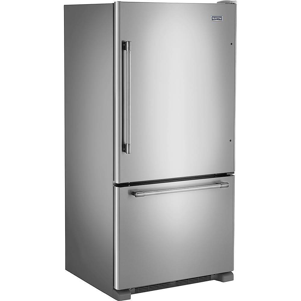 Angle. Maytag - 22 Cu. Ft. Bottom-Freezer Refrigerator with Humidity-Controlled FreshLock Crispers - Fingerprint Resistant Stainless Steel.
