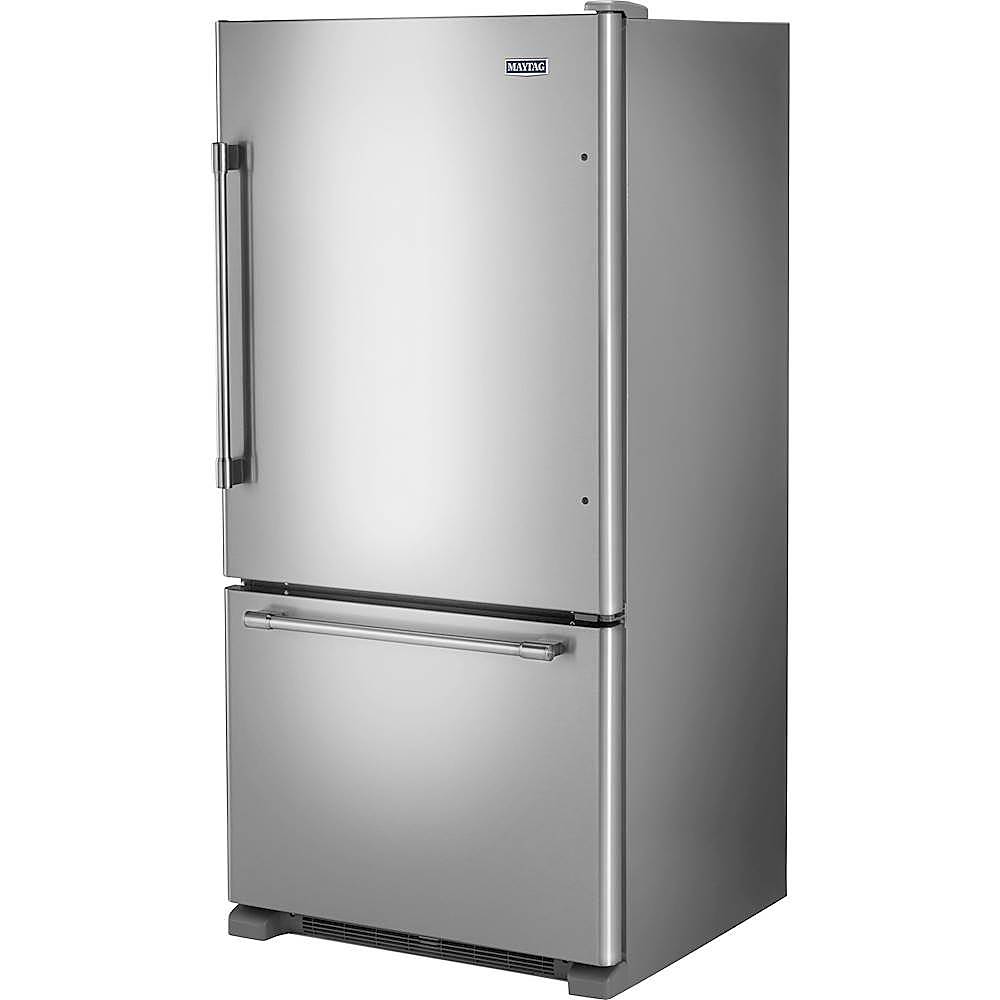 Left. Maytag - 22 Cu. Ft. Bottom-Freezer Refrigerator with Humidity-Controlled FreshLock Crispers - Fingerprint Resistant Stainless Steel.