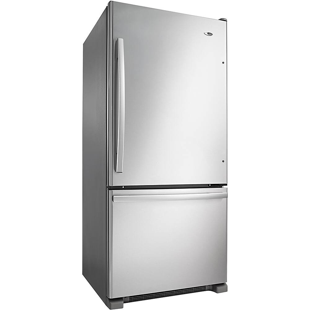 Left. Amana - 18 Cu. Ft. Bottom-Freezer Refrigerator with EasyFreezer Pull-Out Drawer - Stainless Steel.