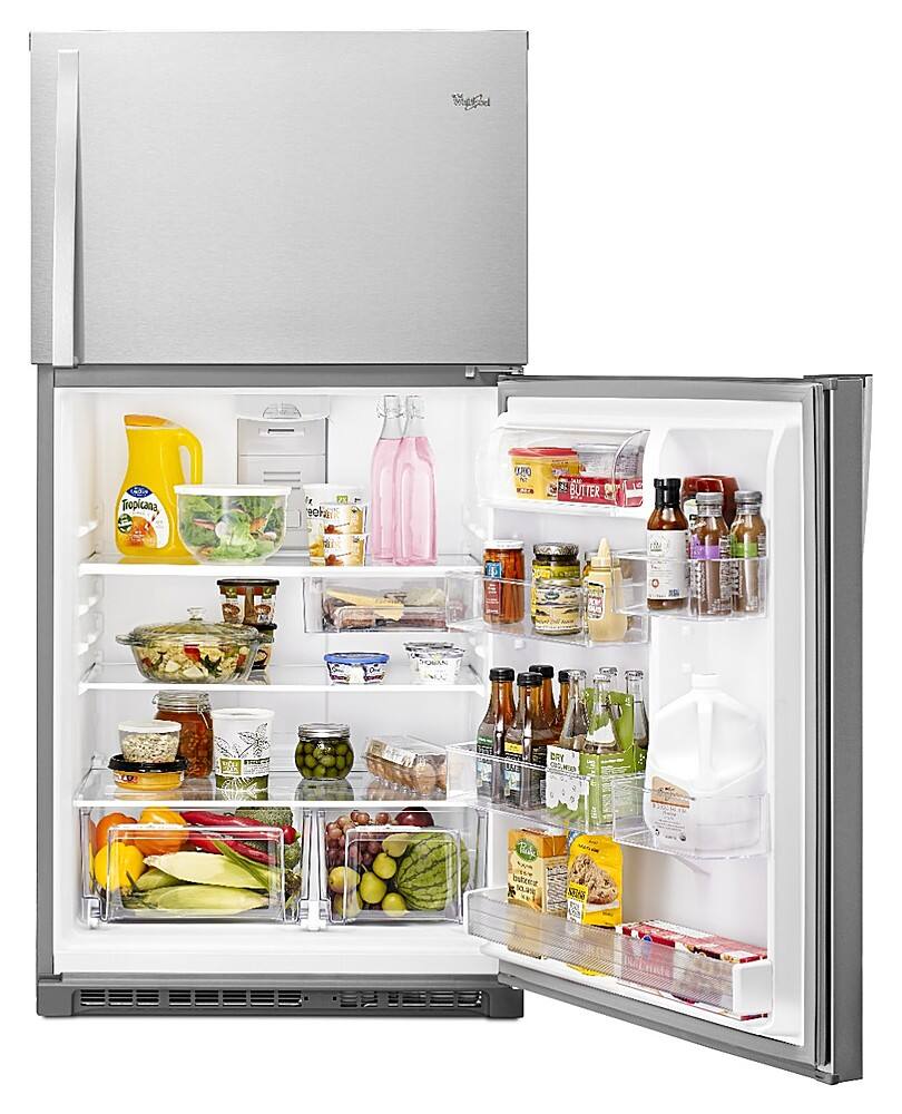 The image shows an open refrigerator filled with a variety of food items. There are several bottles, including a bottle of Tropicana orange juice, placed on different shelves. The refrigerator also contains a variety of fruits, such as bananas and apples, as well as vegetables like broccoli. Additionally, there are multiple cups and bowls placed throughout the refrigerator, indicating that it is well-stocked and ready for use.