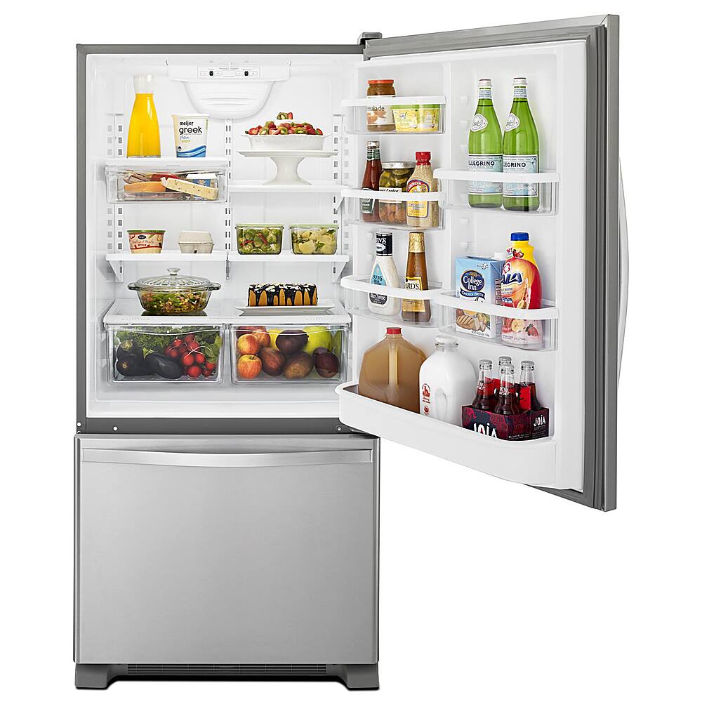 Left. Whirlpool - 18.7 Cu. Ft. Bottom-Freezer Refrigerator with Spillguard Glass Shelves - Monochromatic Stainless Steel.