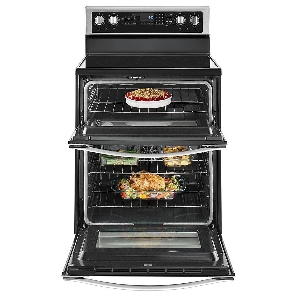 Left. Whirlpool - 6.7 Cu. Ft. Self-Cleaning Freestanding Double Oven Electric Convection Range - Stainless steel.