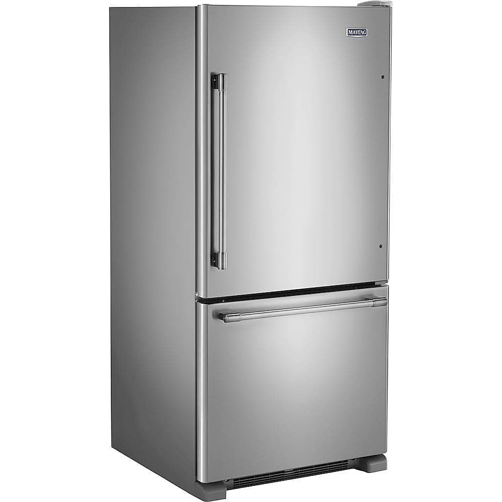 Angle. Maytag - 19 Cu. Ft. Bottom-Freezer Refrigerator with Humidity-Controlled FreshLock Crispers - Fingerprint Resistant Stainless Steel.