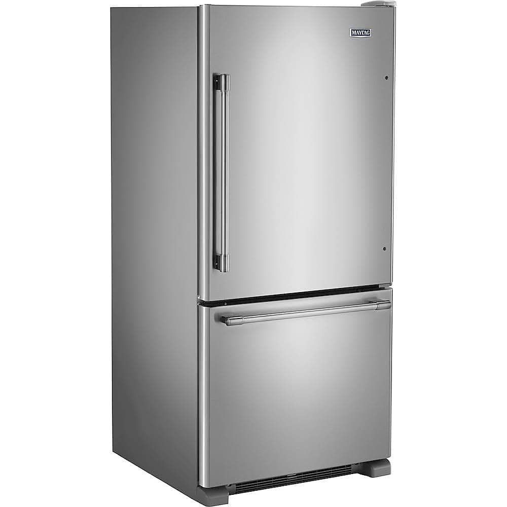 Angle View: Maytag - 19 Cu. Ft. Bottom-Freezer Refrigerator with Humidity-Controlled FreshLock Crispers - Stainless Steel