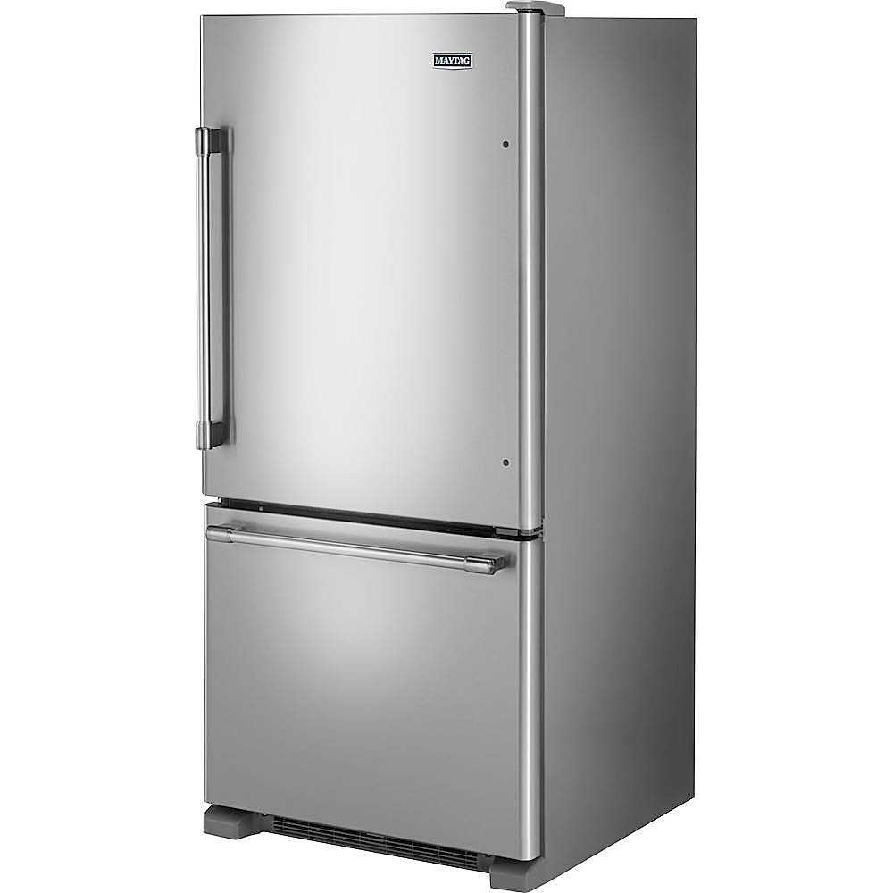 Left. Maytag - 19 Cu. Ft. Bottom-Freezer Refrigerator with Humidity-Controlled FreshLock Crispers - Fingerprint Resistant Stainless Steel.