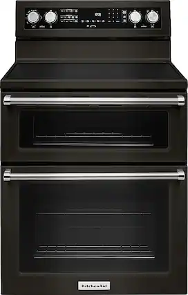 Front. KitchenAid - 6.7 Cu. Ft. Self-Cleaning Freestanding Double Oven Electric Convection Range - Black Stainless Steel with Printshield Finish.