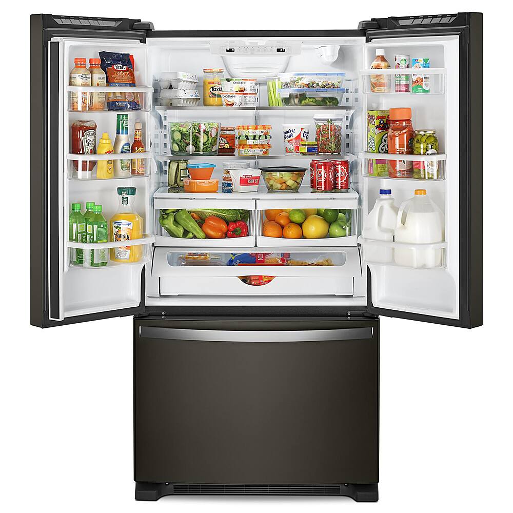 Left. Whirlpool - 25.2 Cu. Ft. French Door Refrigerator with Internal Water Dispenser - Black Stainless Steel with Printshield Finish.