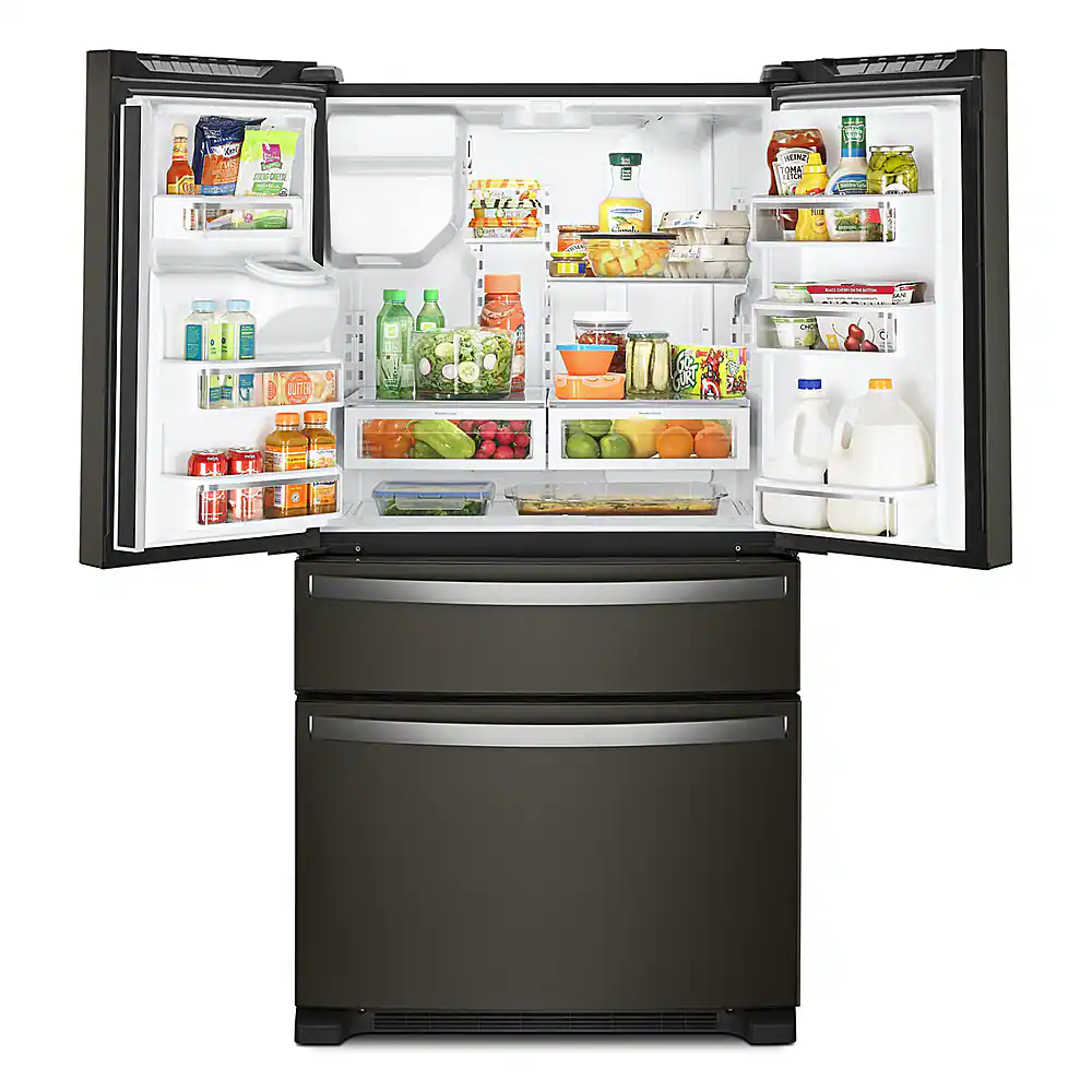 Left. Whirlpool - 24.5 Cu. Ft. 4-Door French Door Refrigerator - Black Stainless Steel with PrintShield Finish.
