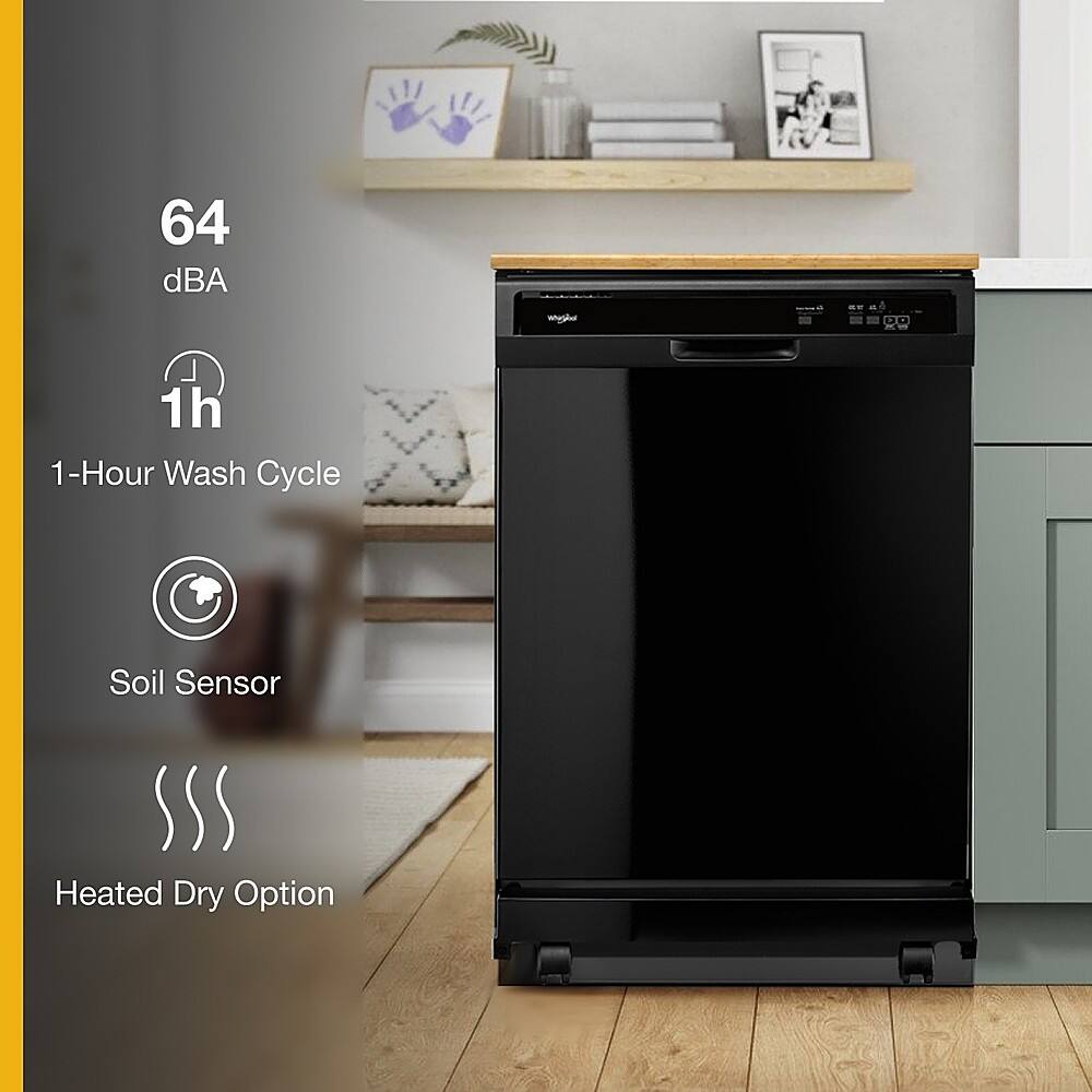 The text on the image is grouped and corrected as follows:

64 dBA 1-Hour Wash Cycle Soil Sensor SSS Heated Dry Option