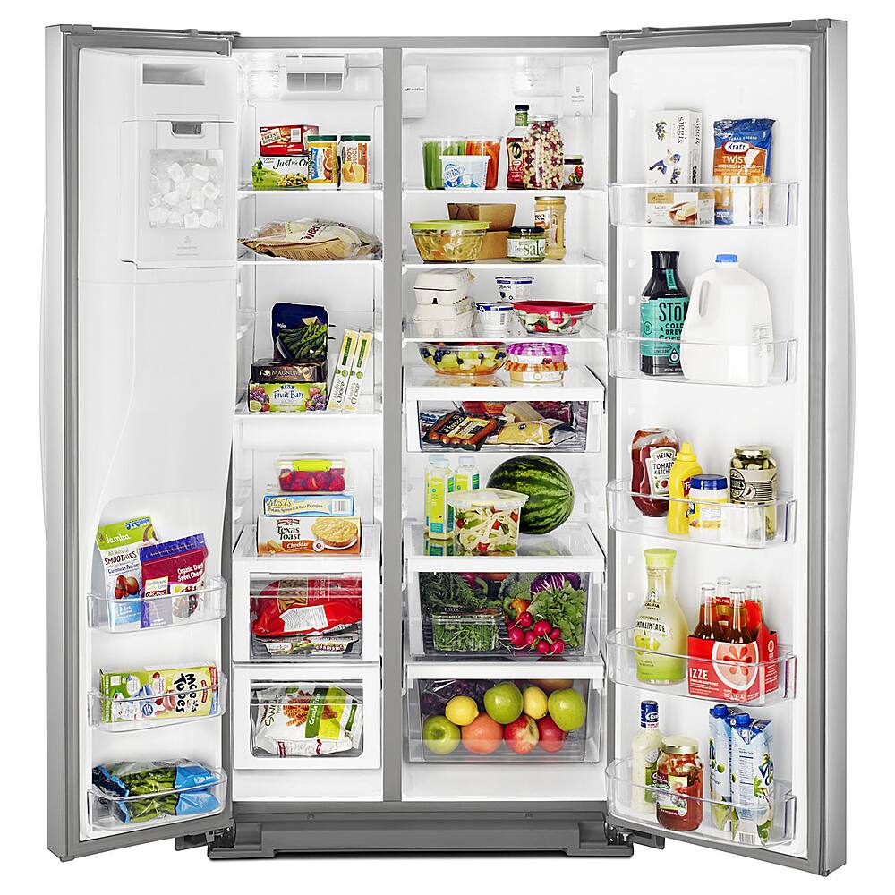 Left. Whirlpool - 28.4 Cu. Ft. Side-by-Side Refrigerator with In-Door-Ice Storage - Fingerprint Resistant Stainless Steel.