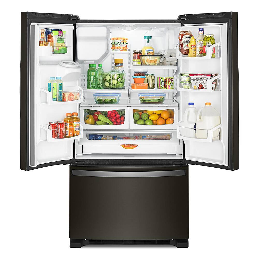 Left. Whirlpool - 24.7 Cu. Ft. French Door Refrigerator - Black Stainless Steel with Printshield Finish.