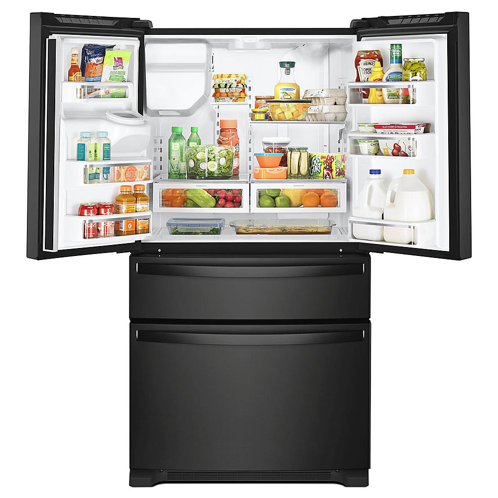 Left. Whirlpool - 25 cu. ft. French Door Refrigerator with External Ice and Water Dispenser - Black.