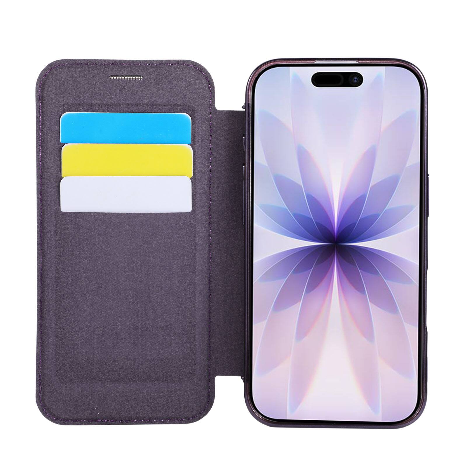 Alt View 4. Dteck - Floral Relief Faux Leather Flip Wallet Case for Apple iPhone 17,Mag Safe Electroplated Slim Clear Back Cover - Purple.