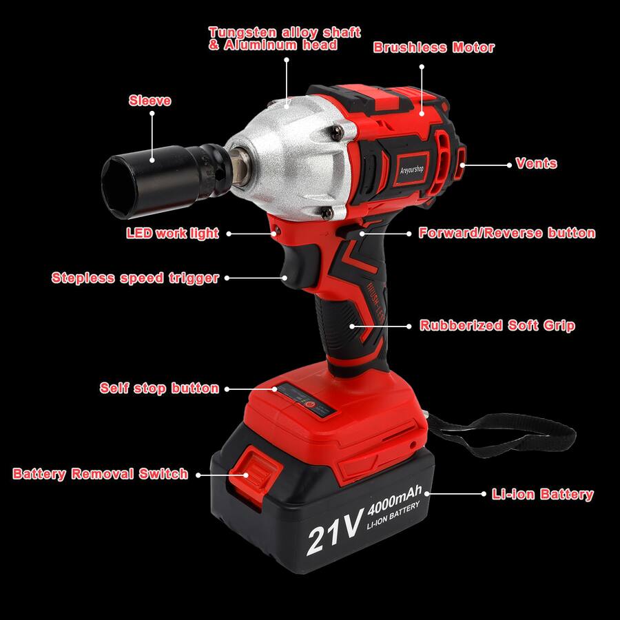 Cordless Impact Wrench,1/2" Brushless Power Impact Gun,2500RPM Electric Wrench, Max Torque 550N.m With 4 Sockets, 12PCS Screwdriver Bits, 4.0Ah