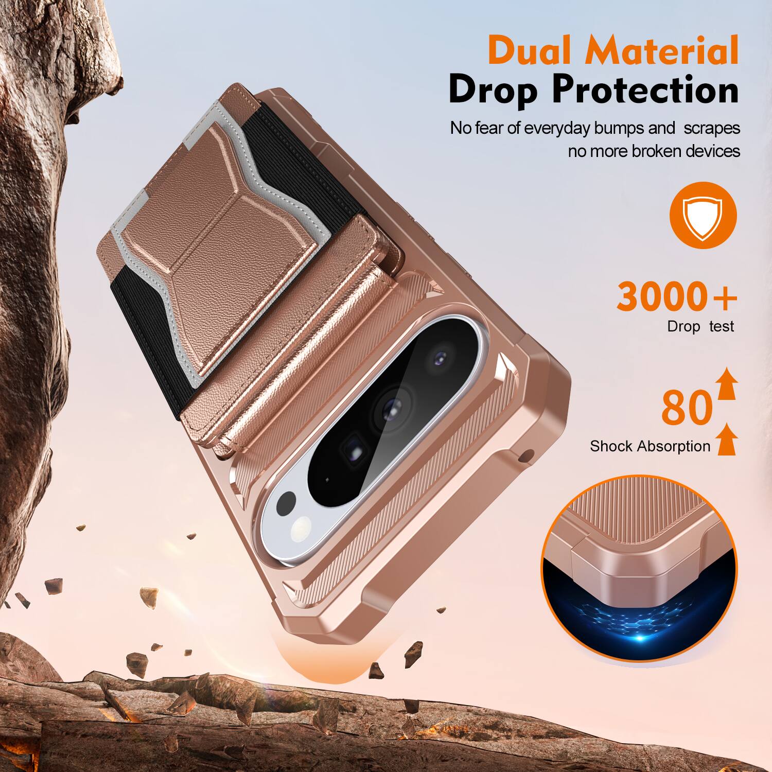 Dual Material Drop Protection  
No fear of everyday bumps and scrapes, no more broken devices  

3000+ Drop test  
80 Shock Absorption
