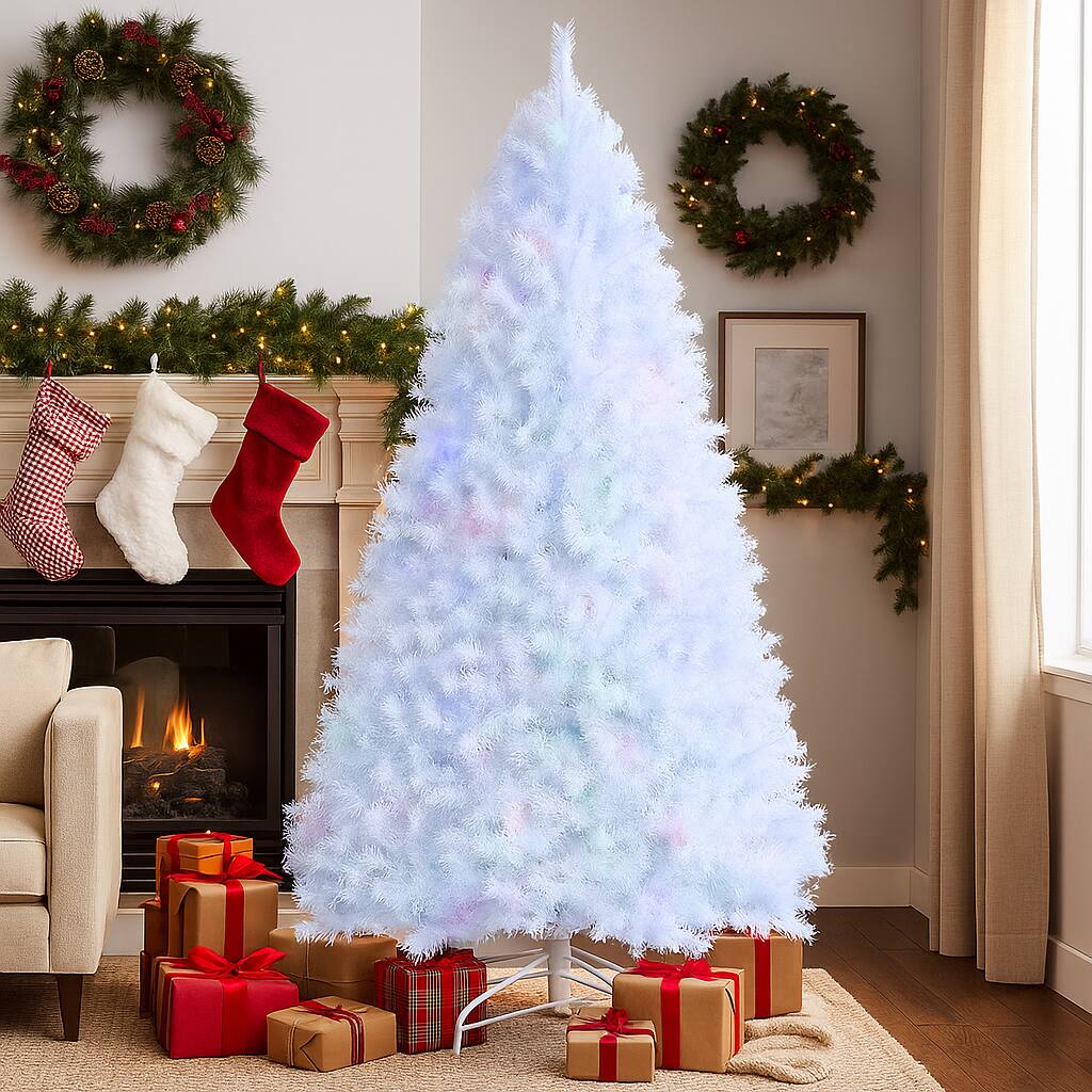 Front. BreeBe - Sparkling Artificial Xmas Tree with Iridescent Tips and Sturdy Metal Stand - White.