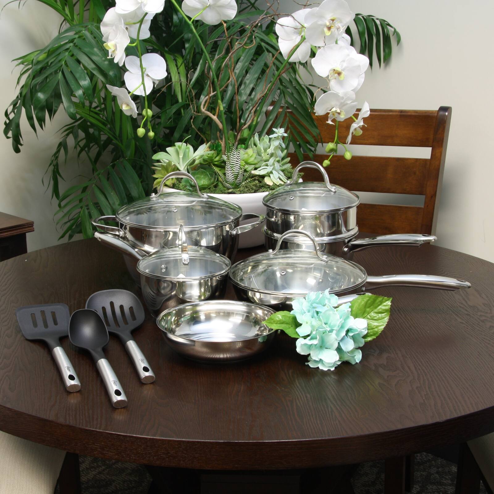 Alt View 2. Oster - Oster Ridgewell 13 piece Stainless Steel  Belly Shape Cookware Set in Silver Mirror Polish with Hollow Handle - Silver.