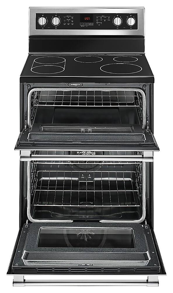 Angle. Maytag - 6.7 Cu. Ft. Self-Cleaning Freestanding Fingerprint Resistant Double Oven Electric Convection Range - Fingerprint Resistant Stainless Steel.