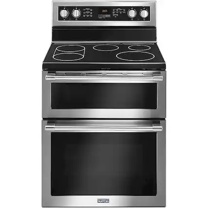 Front. Maytag - 6.7 Cu. Ft. Self-Cleaning Freestanding Fingerprint Resistant Double Oven Electric Convection Range - Fingerprint Resistant Stainless Steel.