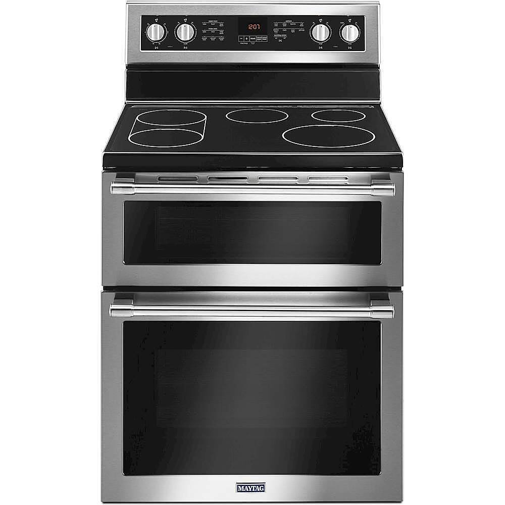 Front. Maytag - 6.7 Cu. Ft. Self-Cleaning Freestanding Fingerprint Resistant Double Oven Electric Convection Range - Fingerprint Resistant Stainless Steel.