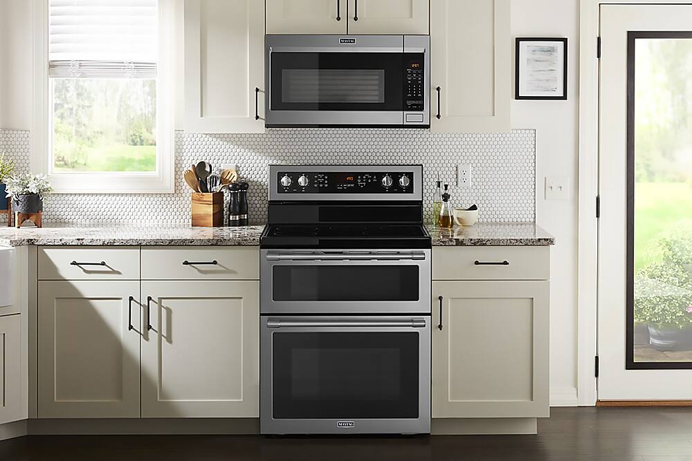 Alt View 19. Maytag - 6.7 Cu. Ft. Self-Cleaning Freestanding Fingerprint Resistant Double Oven Electric Convection Range - Fingerprint Resistant Stainless Steel.