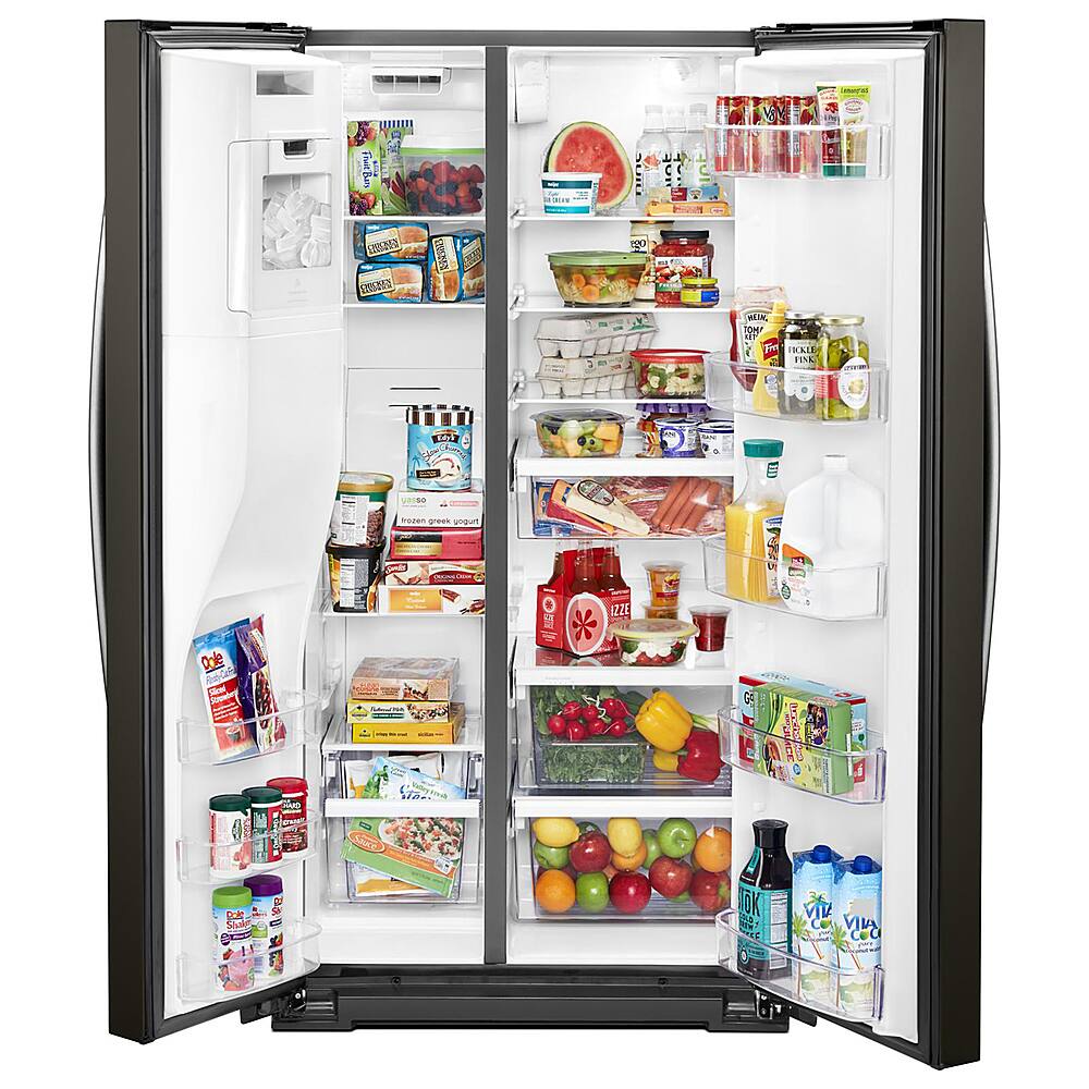 Left. Whirlpool - 20.6 Cu. Ft. Side-by-Side Counter-Depth Refrigerator - Black Stainless Steel with Printshield Finish.