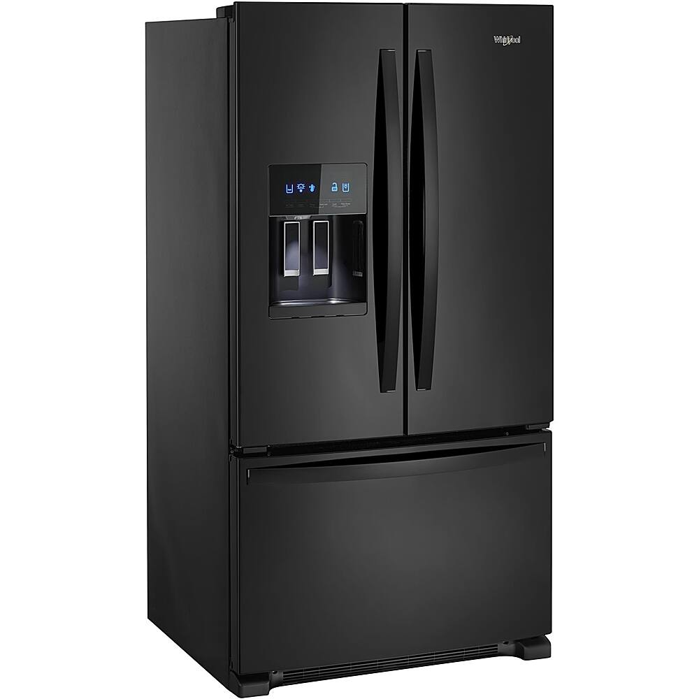Left. Whirlpool - 25 cu. ft. French Door Refrigerator with External Ice and Water Dispenser - Black.