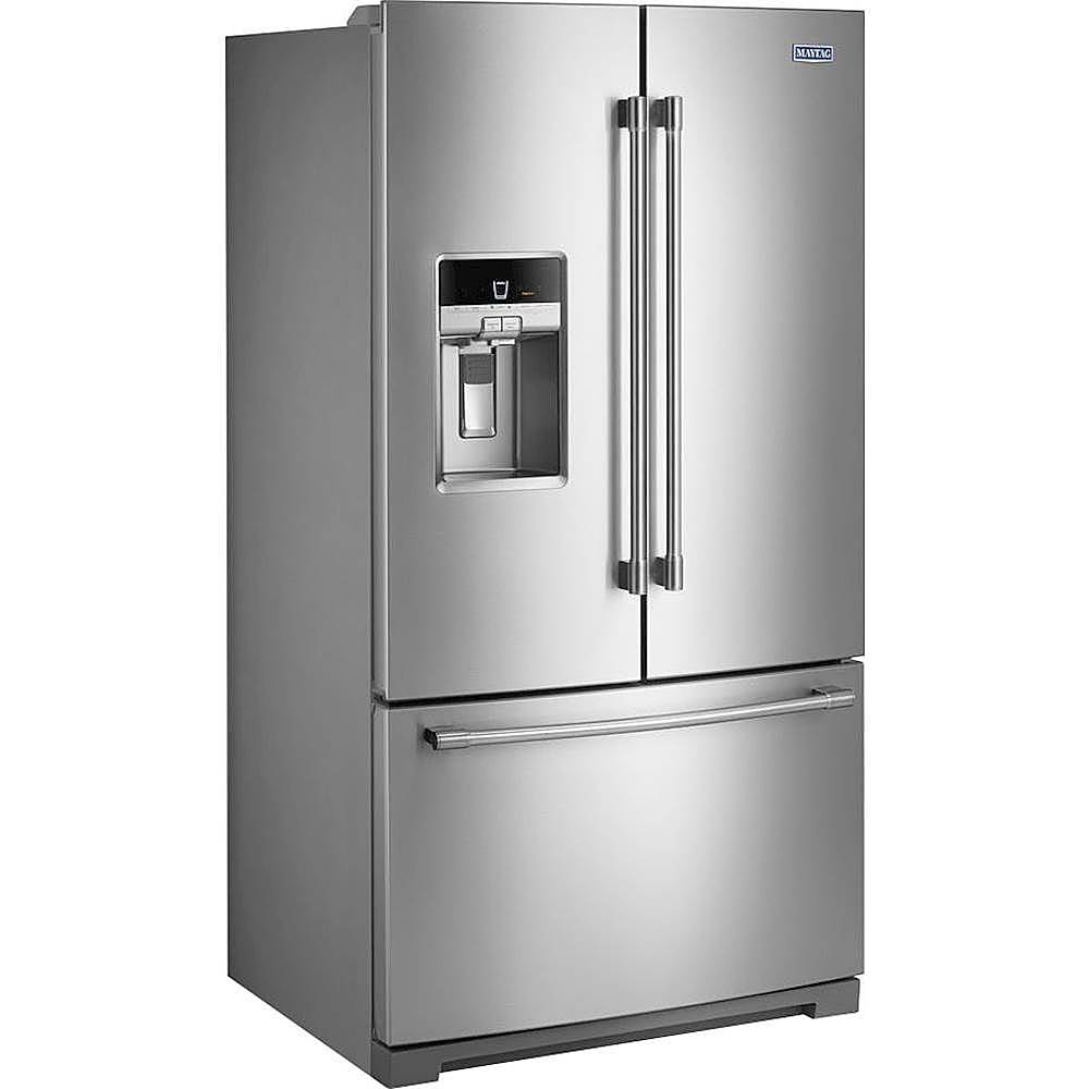Left. Maytag - 27 cu. ft. French Door Refrigerator with PowerCold Feature - Stainless steel.