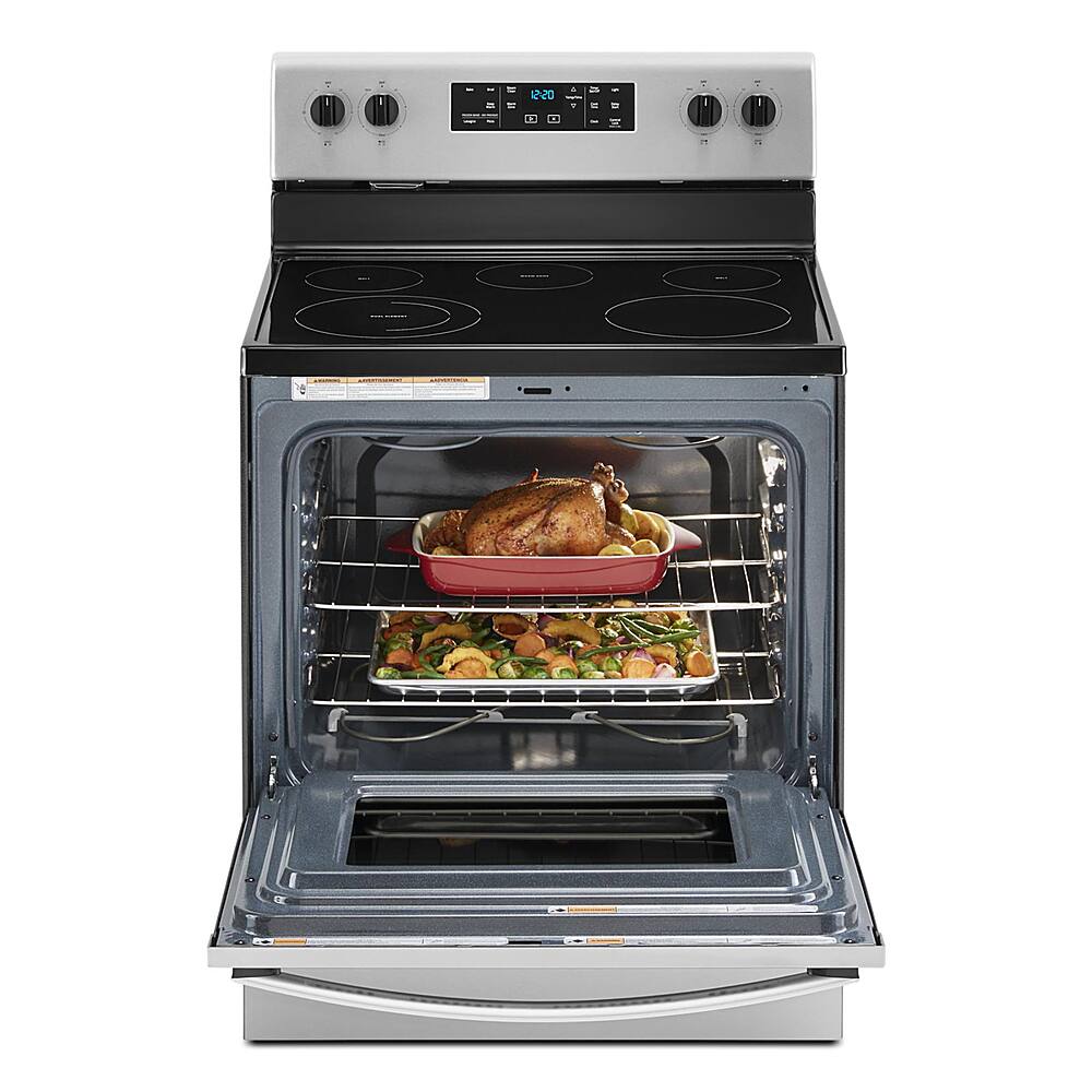 Left. Whirlpool - 5.3 Cu. Ft. Freestanding Electric Range with Steam-Cleaning and Frozen Bake - Stainless steel.