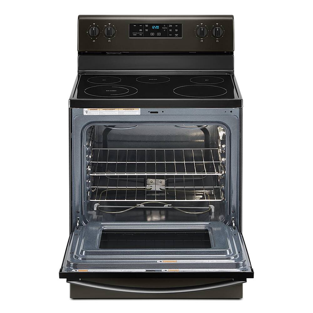 Angle. Whirlpool - 5.3 Cu. Ft. Freestanding Electric Range with Self-Cleaning and Frozen Bake™ - Black Stainless Steel with Printshield Finish.