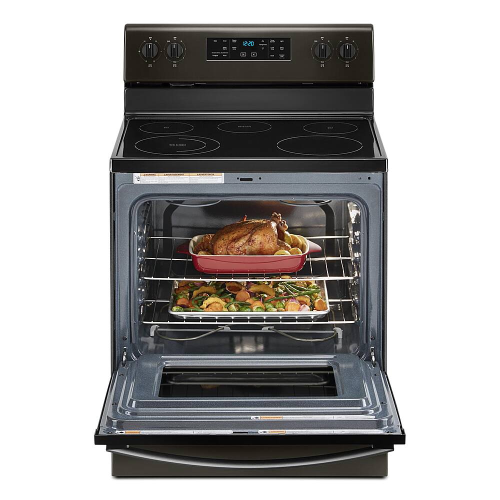 Left. Whirlpool - 5.3 Cu. Ft. Freestanding Electric Range with Self-Cleaning and Frozen Bake™ - Black Stainless Steel with Printshield Finish.