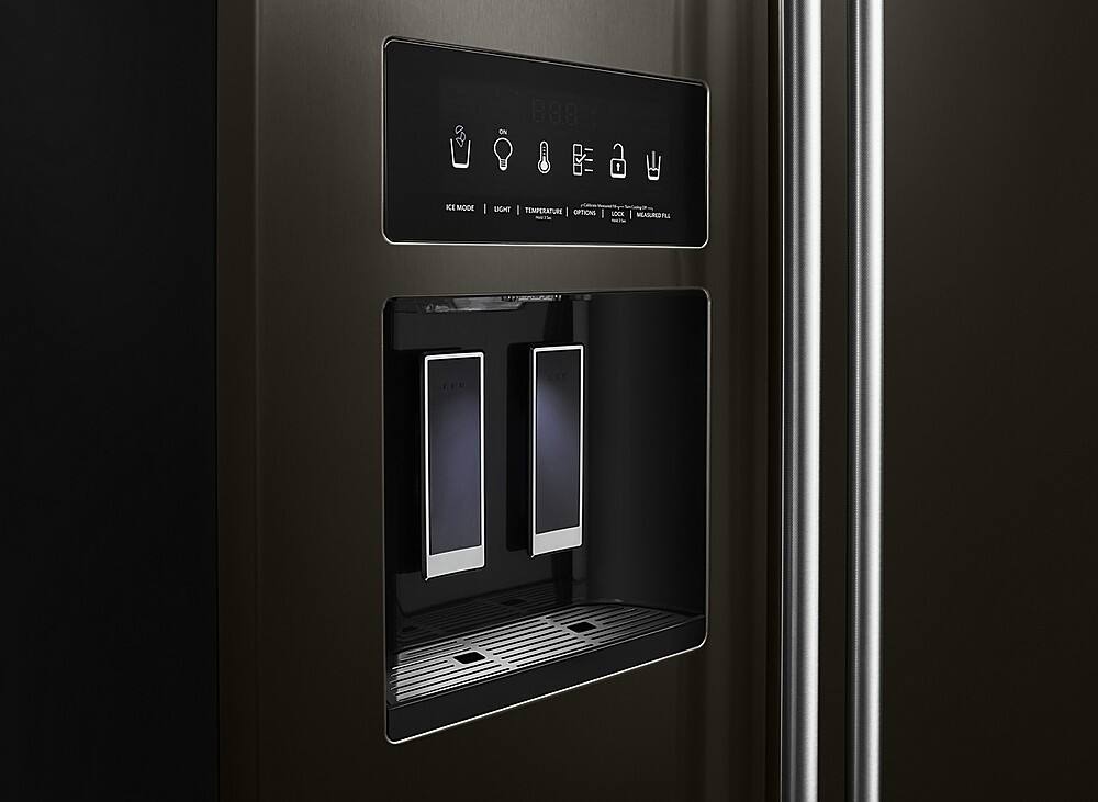 The text on the image reads: "E E MODE LGHT | TEMPERATURE | OPTIONS LOCK MUXSUROD E." This text is likely a description or instructions for the refrigerator's features.