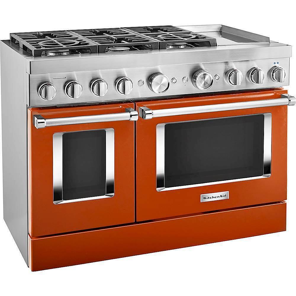 Angle. KitchenAid - 6.3 Cu. Ft. Freestanding Double Oven Dual Fuel True Convection Range with Self-Cleaning - Scorched Orange.