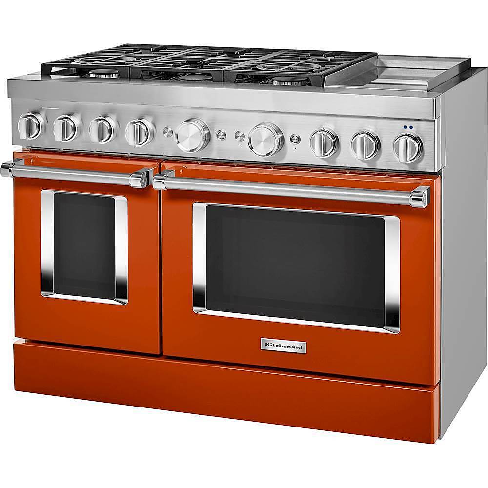 Left. KitchenAid - Commercial-Style 6.3 Cu. Ft. Freestanding Double Oven Dual-Fuel True Convection Range with Self-Cleaning - Scorched Orange.