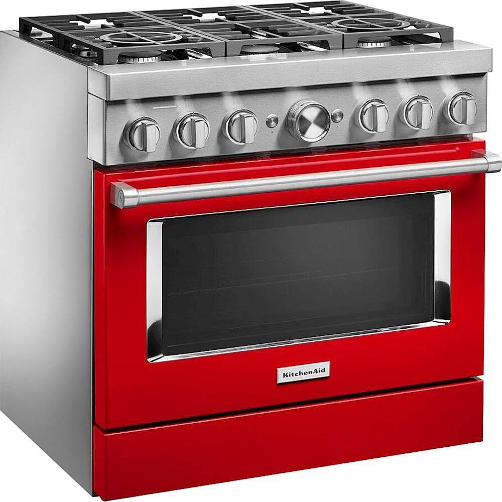 Angle. KitchenAid - 5.1 Cu. Ft. Freestanding Dual Fuel True Convection Range with Self-Cleaning - Passion Red.