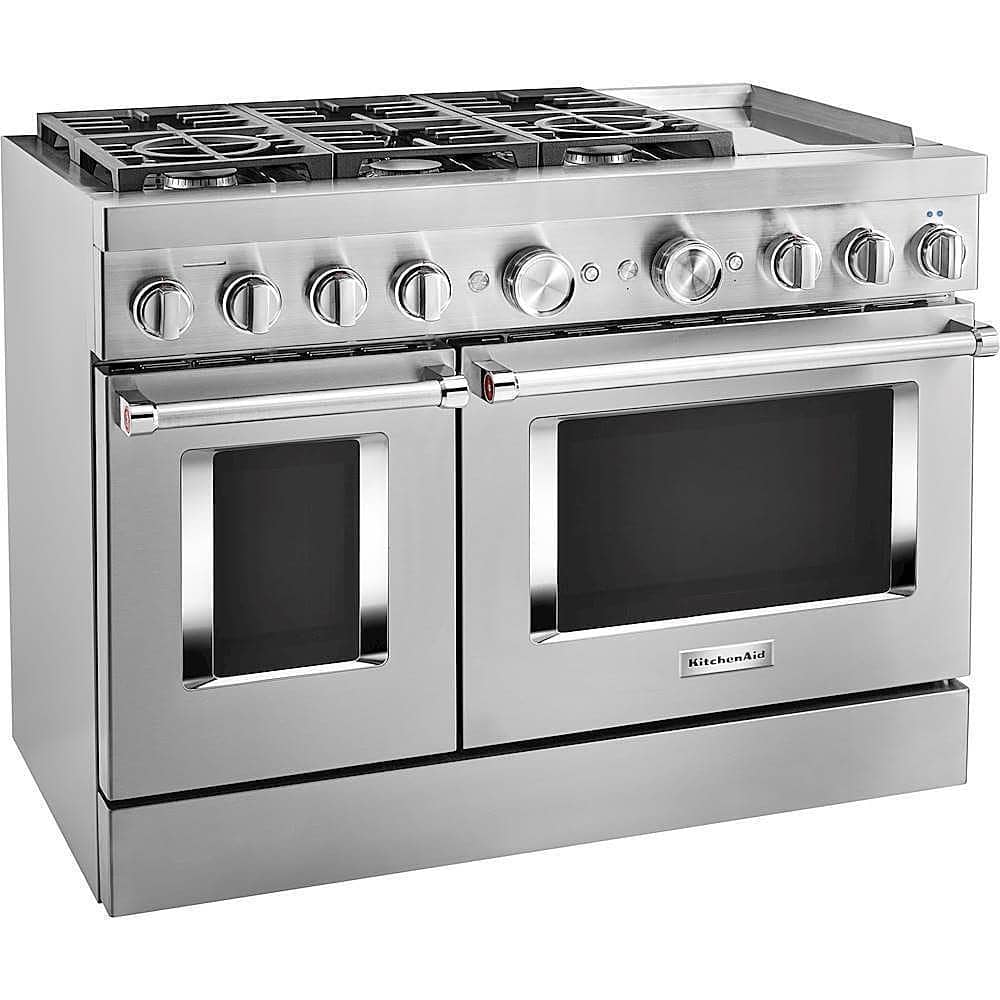 Angle. KitchenAid - Commercial-Style 6.3 Cu. Ft. Freestanding Double Oven Dual-Fuel True Convection Range with Self-Cleaning - Stainless steel.