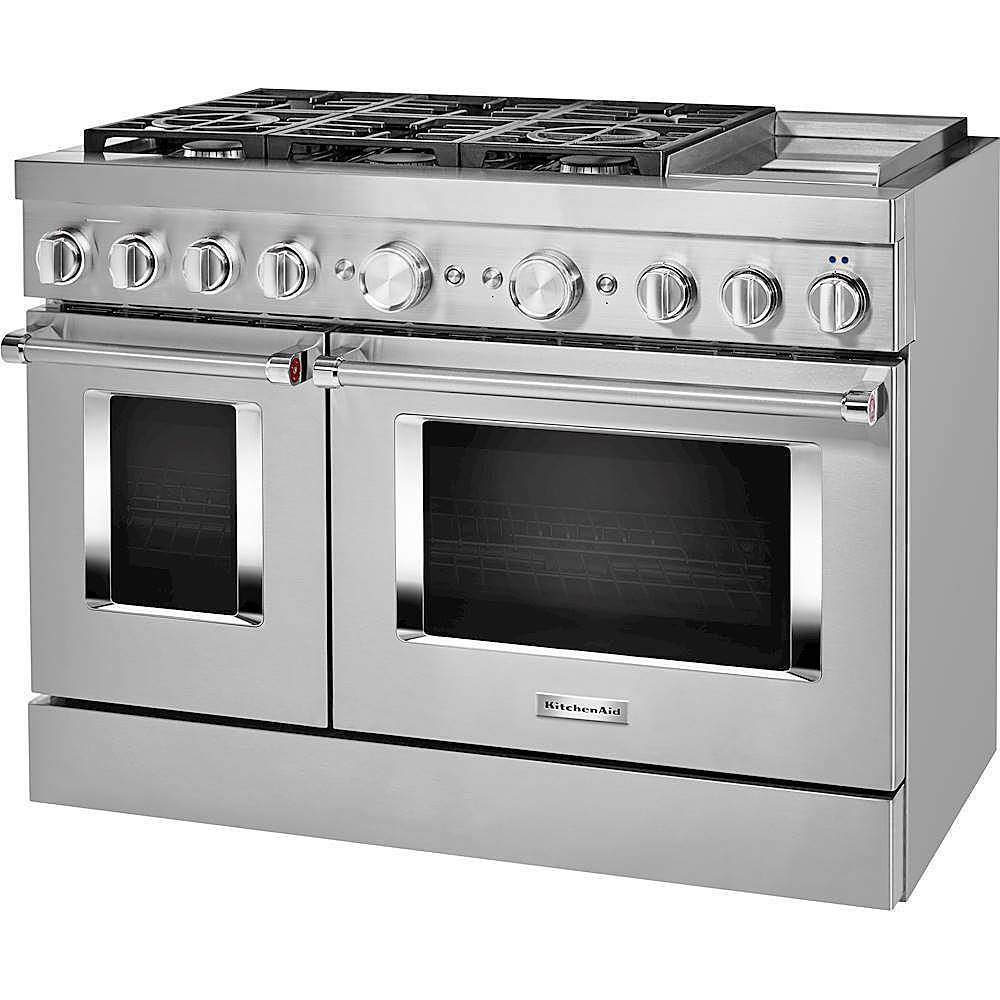 Left. KitchenAid - Commercial-Style 6.3 Cu. Ft. Freestanding Double Oven Dual-Fuel True Convection Range with Self-Cleaning - Stainless steel.