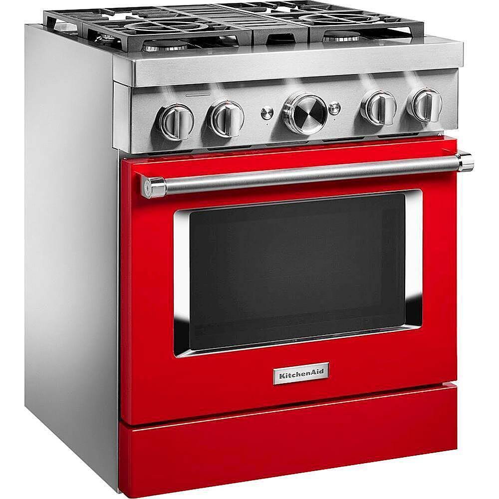 Angle. KitchenAid - 4.1 Cu. Ft. Freestanding Dual Fuel True Convection Range with Self-Cleaning - Passion Red.