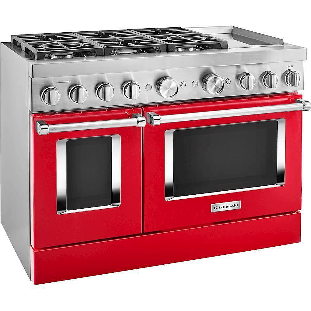 Angle. KitchenAid - 6.3 Cu. Ft. Freestanding Double Oven Dual Fuel True Convection Range with Self-Cleaning - Passion Red.