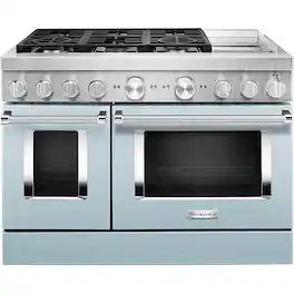 KitchenAid - 6.3 Cu. Ft. Freestanding Double Oven Dual Fuel True Convection Range with Self-Cleaning - Misty Blue